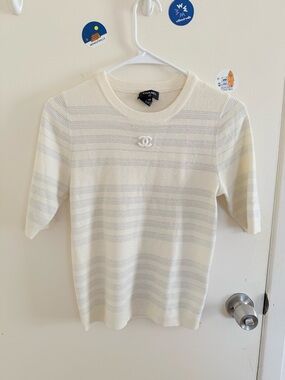 Chanel Cream Knit Top with Subtle Gray Stripes - Size 40/US4/6